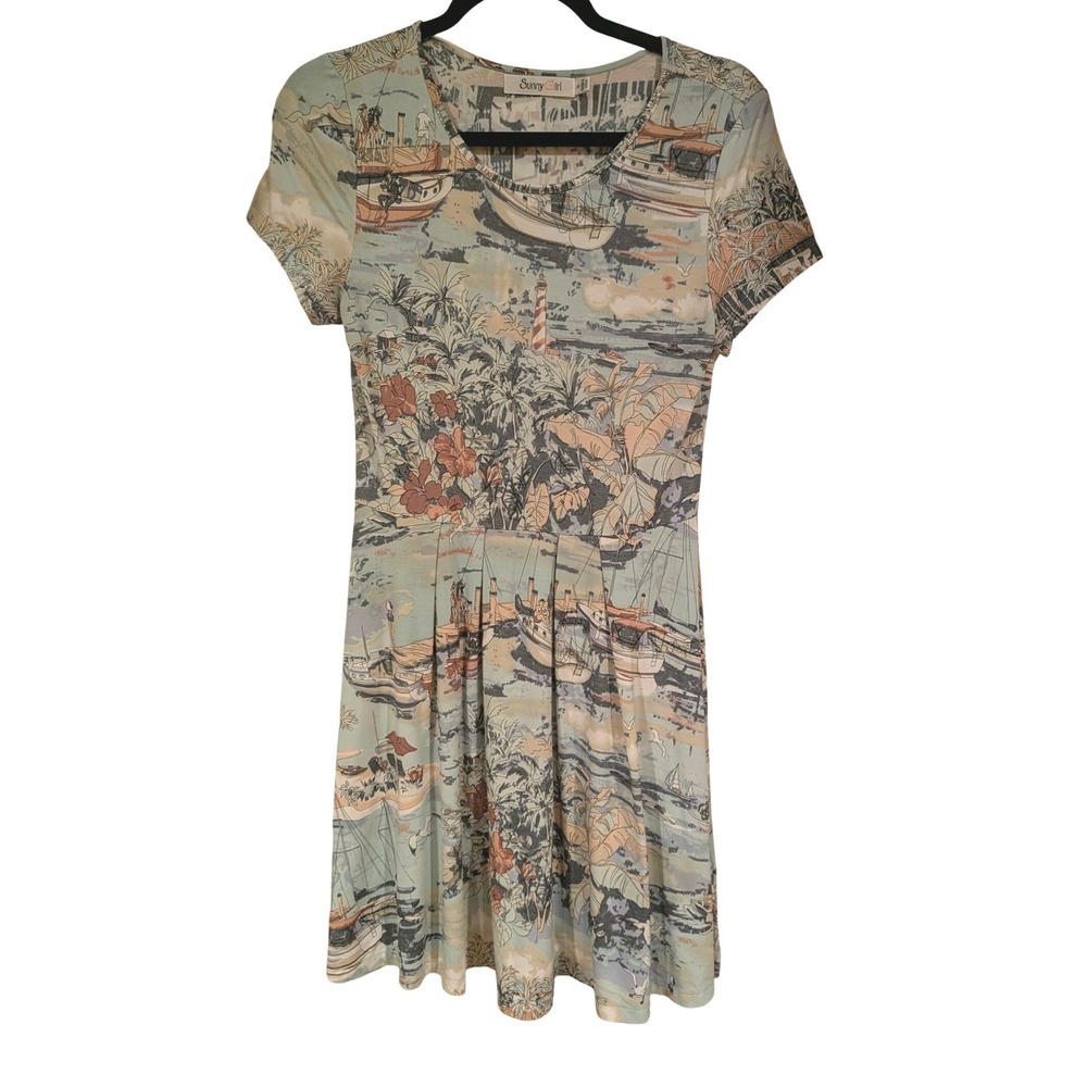 Coastal Harbor Print Skater Dress Lighthouse Boat Scene Fit & Flare Stretch Sz S